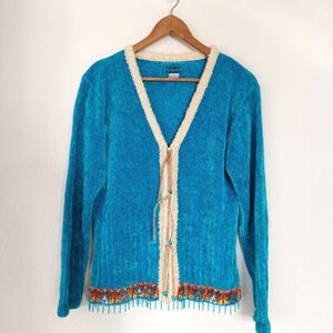Sweater Sweater Vintage Turquoise Beaded Zip-up Sweater Cardigan  Size Large